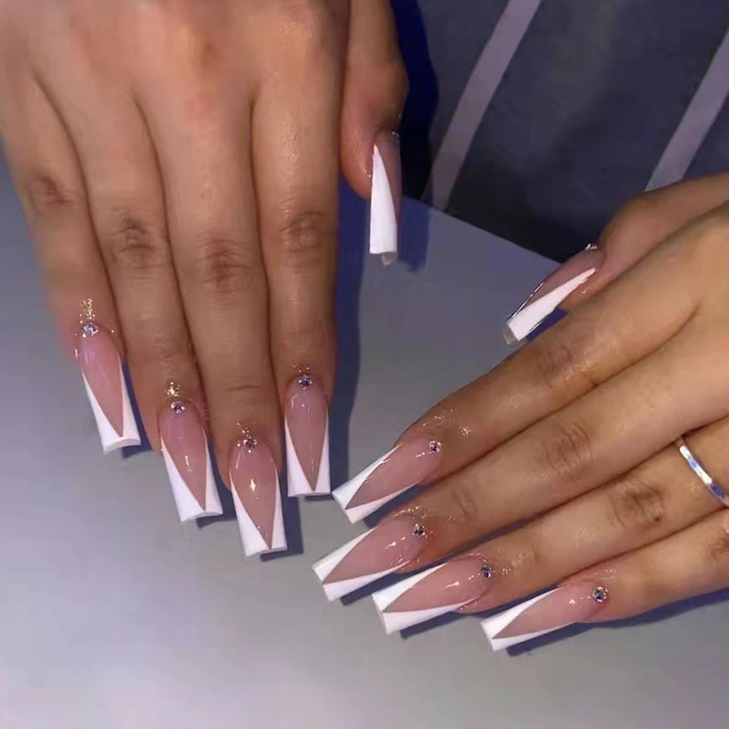 

Z248 V Shape French Fake Nails Set Press on Long Faux Ongles