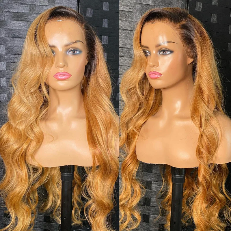 Long Ombre Blonde13x4 Lace Front Wig Glueless Soft Natural Wavy Brazilian Human Hair Wig Pre Plucked With Baby HairFor Women