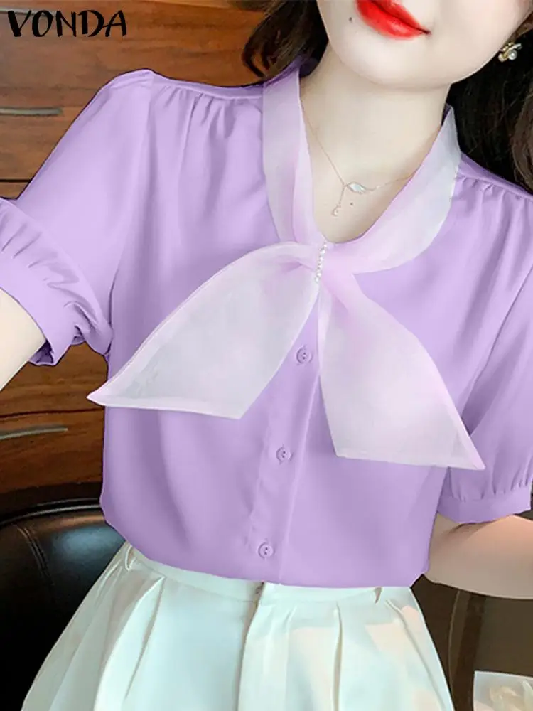 

VONDA Elegant Solid Color Shirts 2023 Women Summer Blouses Fashion Mesh Patchwork Buttons Tops V-Neck Short Sleeve Casual Blusas