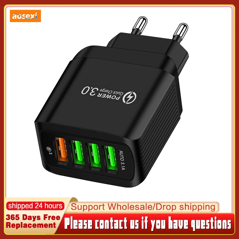 

Aosexi 4 USB Fast Charge Charging Mobile Phone Quick 3.0 Fast Charger for iPhone 13 12 Pro Samsung Xiaomi Phone Charger