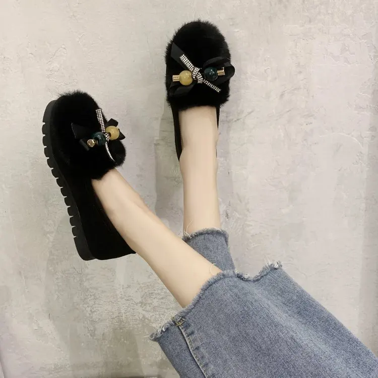 

Лоферы с бантом, теплая плюшевая зимняя женская обувь на плоской подошве, жемчужные плюшевые туфли на плоской подошве, теплые туфли-лодочки, резиновые зимние туфли для взрослых