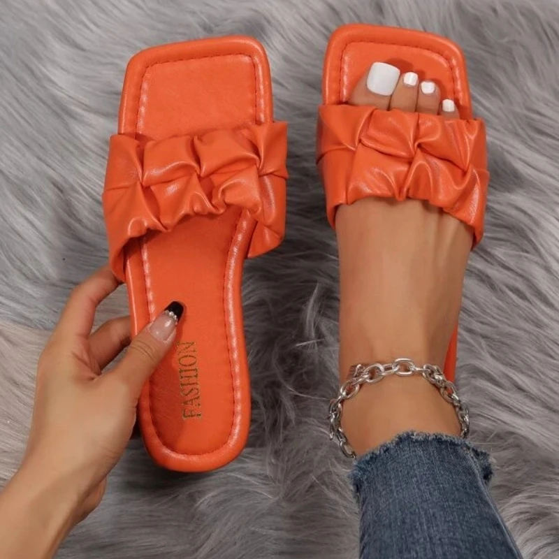 

Women Ruched Detail Single Band Slides Funky Neon Orange Sandals 2023 Summer Fashion Office Flats Elegant Outdoor Beach Shoes