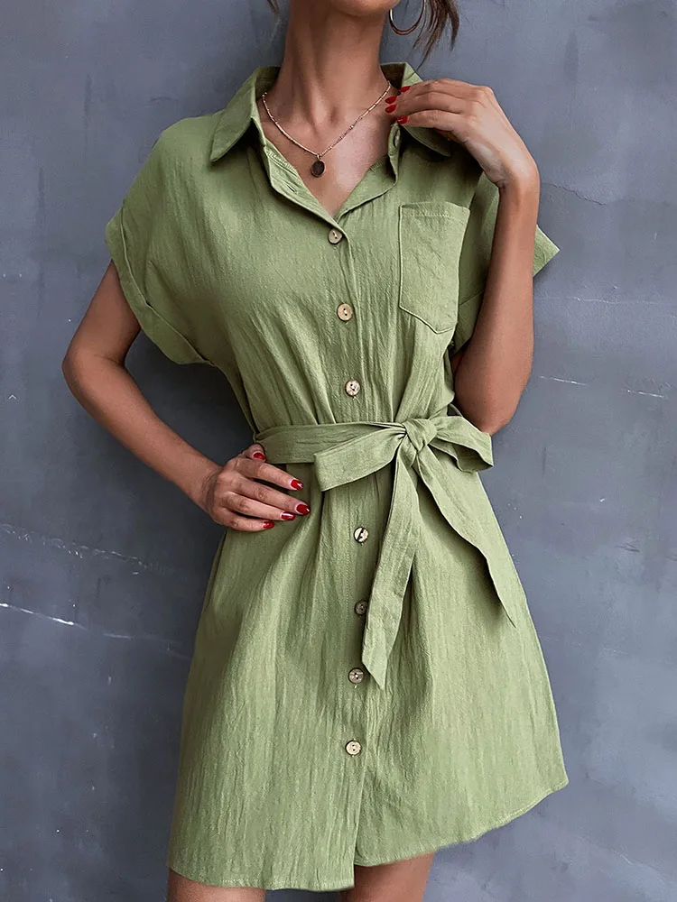 

Green Women Button Up Shirt Ladies Tops Long Blouse Turn-down Collar Pockets Casual Cotton 2022 Korean Fashion Sashes