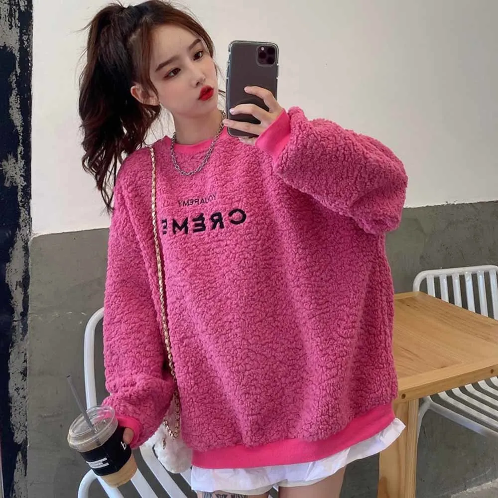 

Весенние женские флисовые толстовки с вышивкой, свитшот с надписью, теплый толстый бархатный Свободный Топ, винтажный свитер в стиле Харадз...