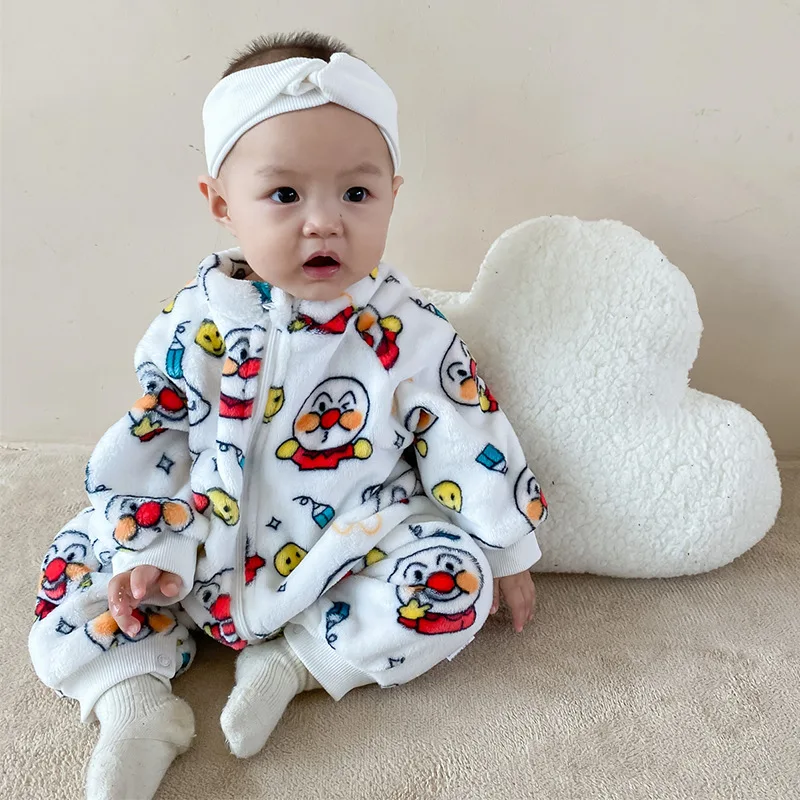 

Весенне-осенние флисовые комбинезоны для новорожденных мальчиков с милым мультяшным принтом, милые комбинезоны для младенцев, Комбинезоны...