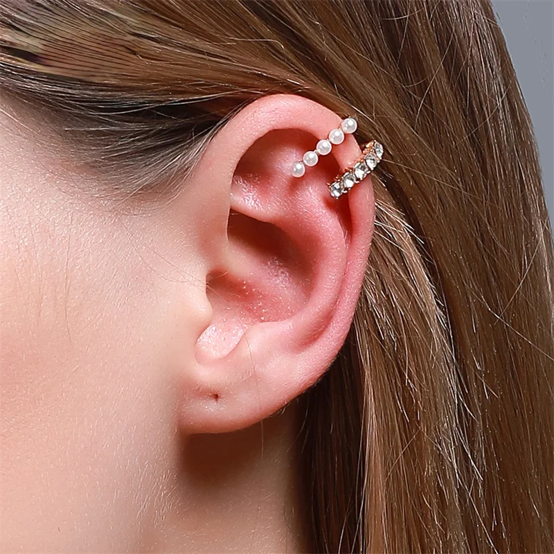 

New High-quality Diamond-studded Pearl Ear Clips Women's Elegant and Versatile Ear Bone Clip Personality Double-layer Earrings