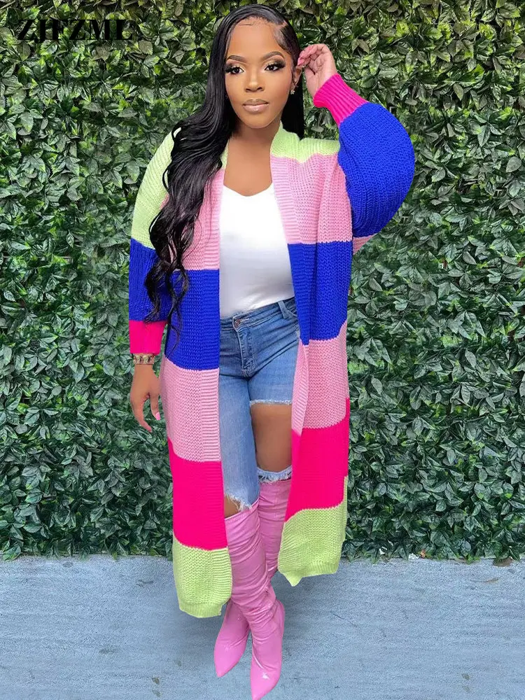

Кардиган женский вязаный крючком, пальто контрастных цветов с длинным рукавом и открытым спереди, модная повседневная верхняя одежда в пол...