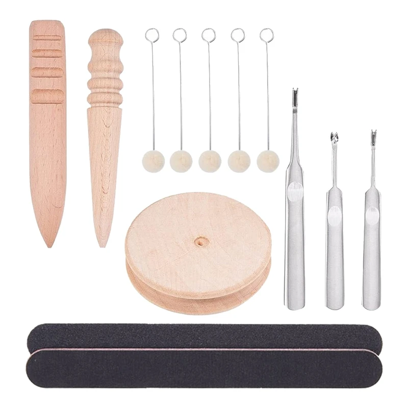 

13 Pcs Leathercraft Edge Skiving Beveler With Solid Wood Leather Edge Slicker Burnisher,Sanding Strip And Wool Daubers