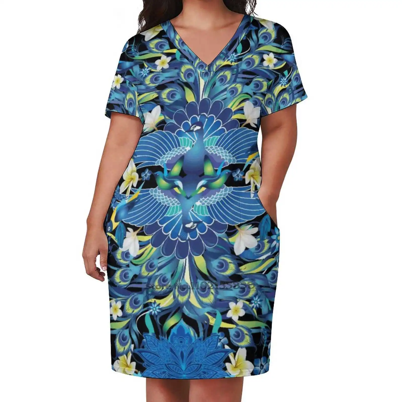 

Blue Peacock Love Loose Pocket Dress Women Casual V Neck Dress Printed Dress Peacock Animal Birds Vector Y2K Dresses For