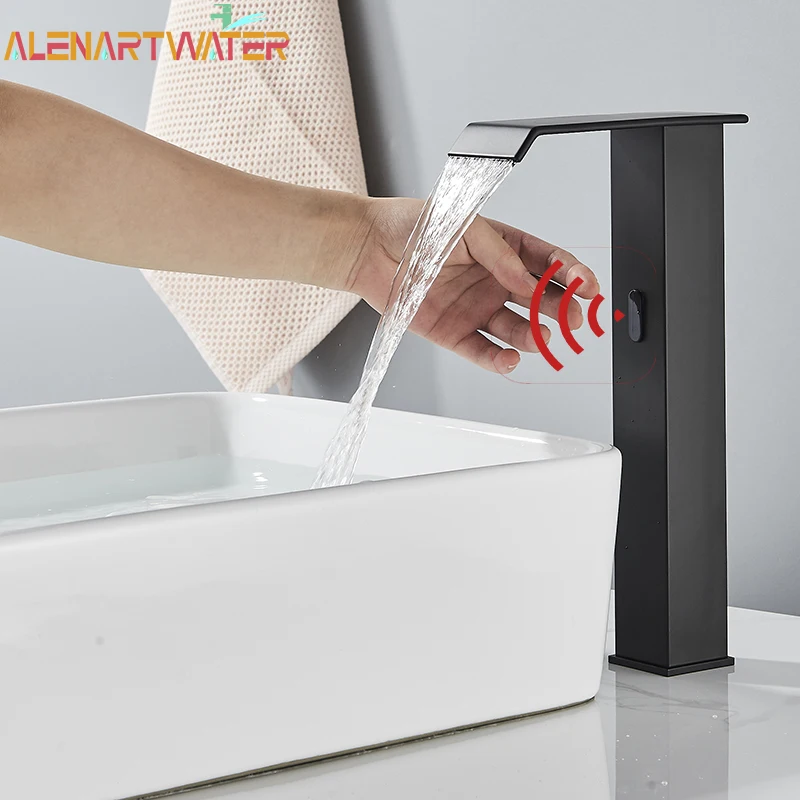

Black Bathroom Faucet Mounted Deck Automatic Sensor Water Mixer Crane Free Touch Sink Tap Bathroom Sink Faucets