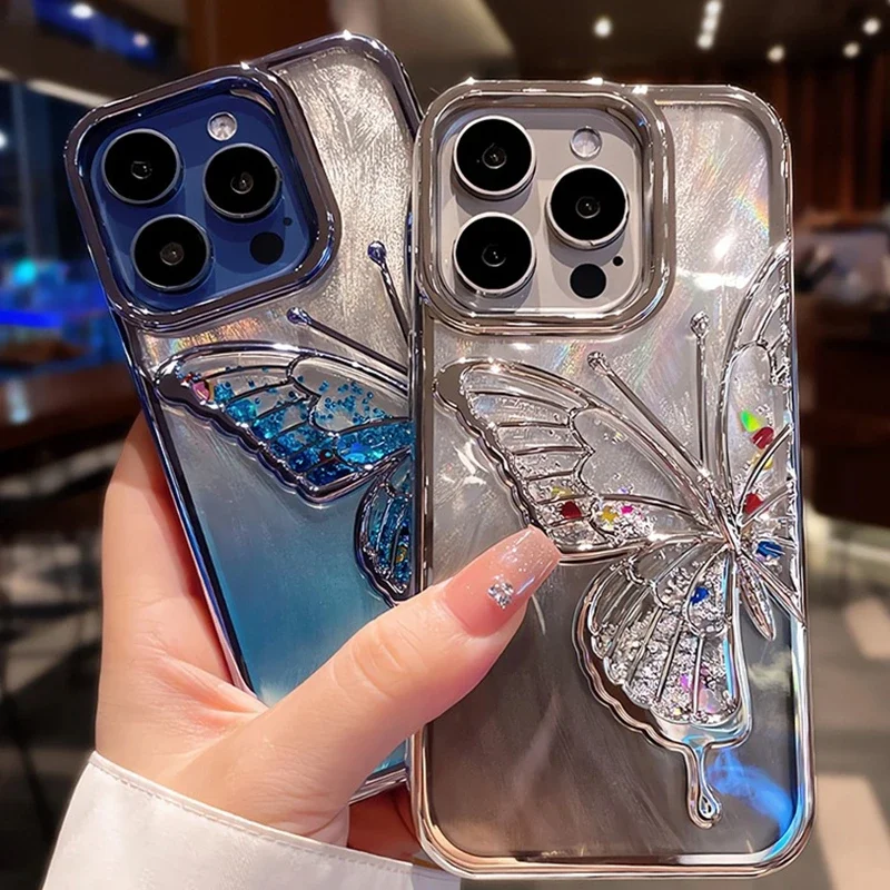 Чехол с мультяшными бабочками и блестками зыбучим песком для iPhone 15 14 13 11 12 Pro Max Plus