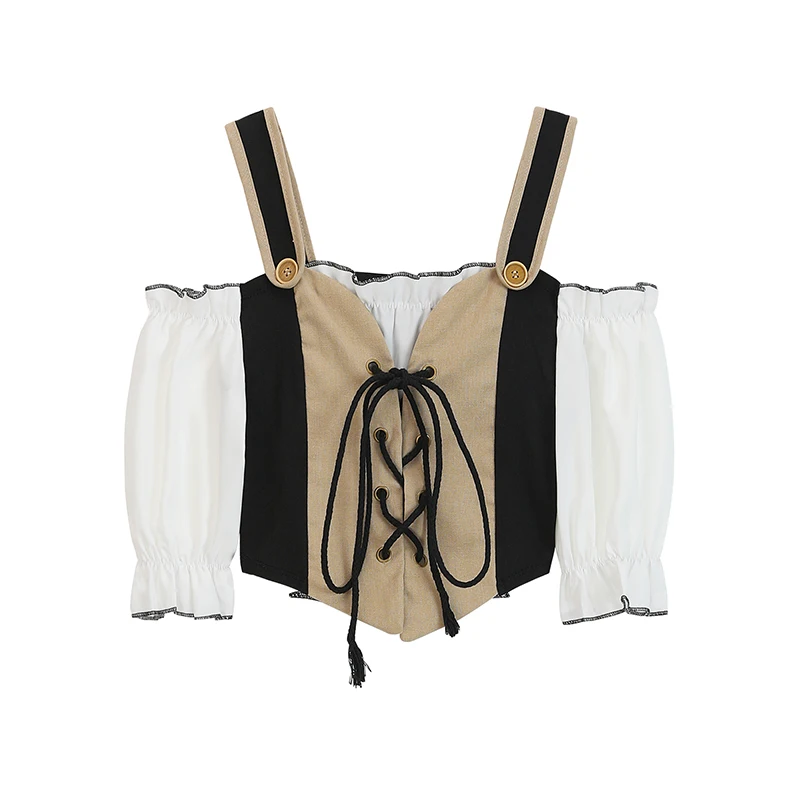 

SuperAen 2022 Summer New Design Sweet Retro Color Contrast Stitching Lace Up Shirt Tops