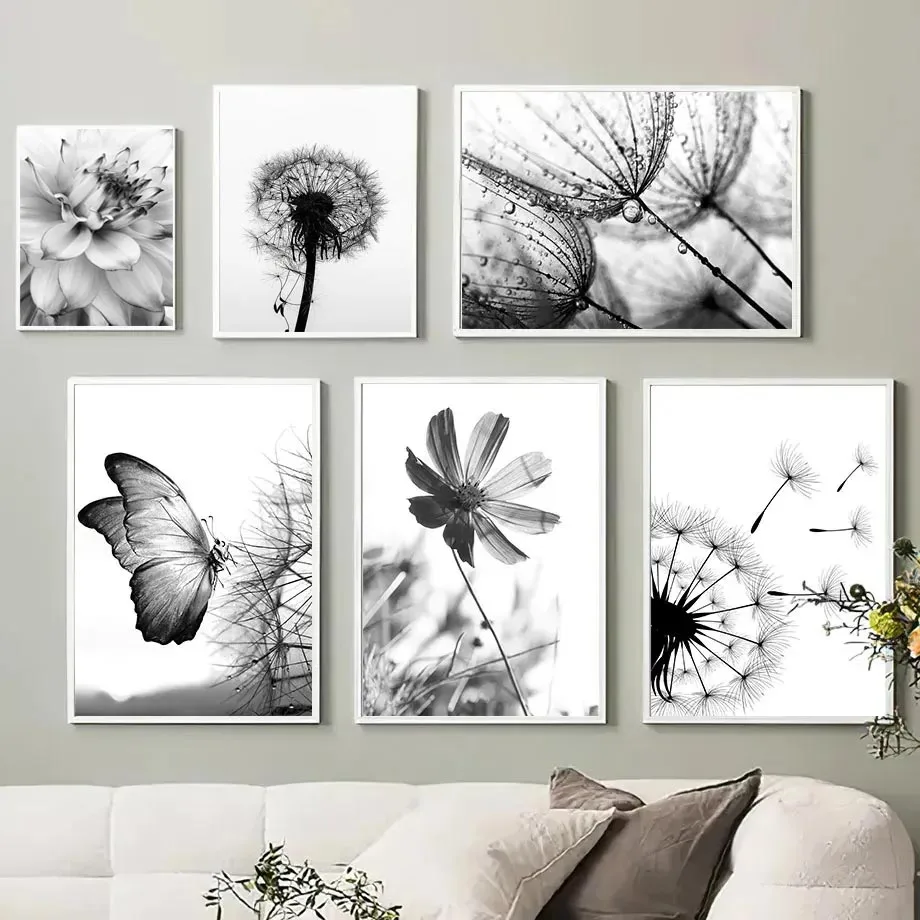 

Black White Dandelion Blooming Flower Canvas Paintings Modern Minimalist Flower Plant Wall Art Poster Prints for Room Home Decor