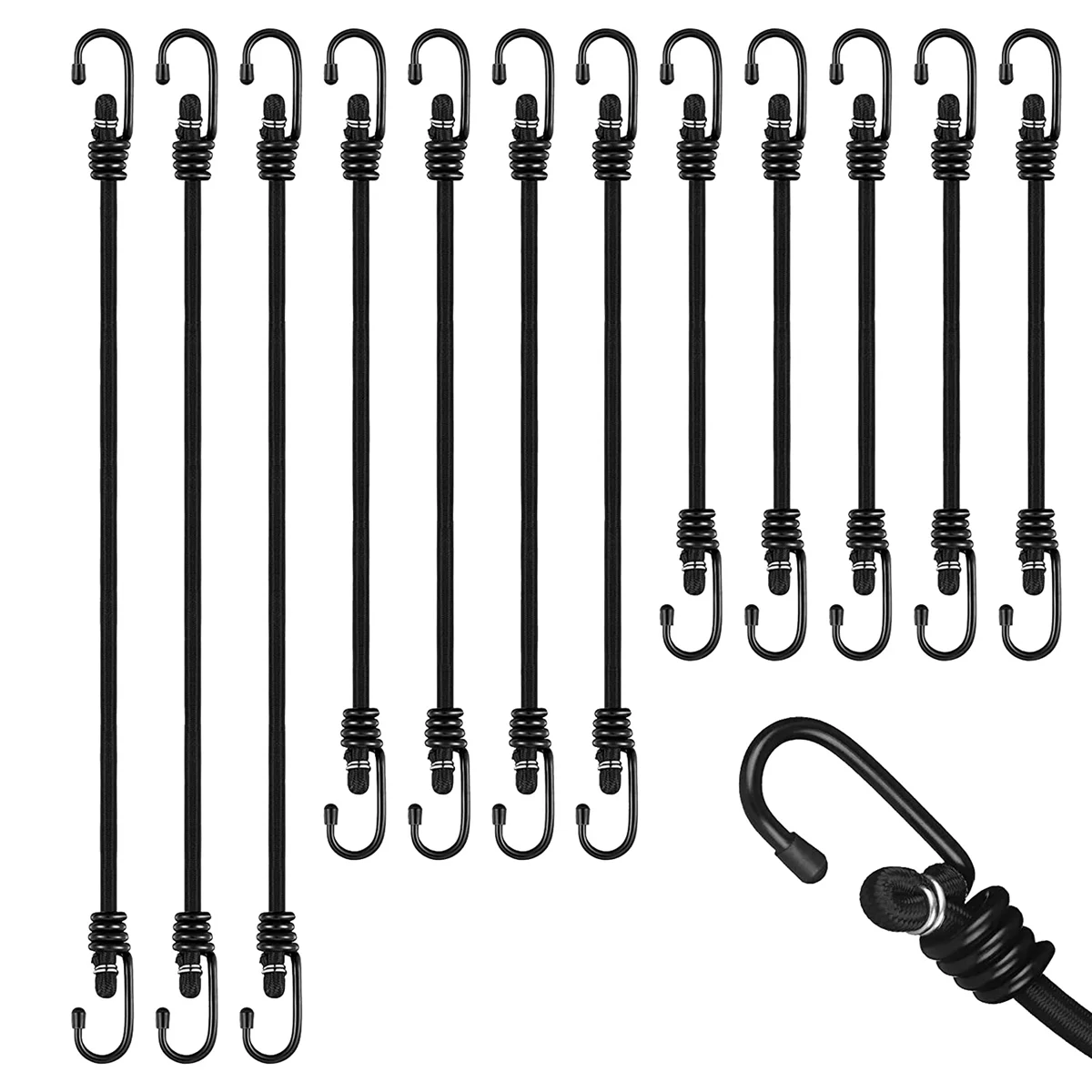 

12 PCS Bungee Cords with Hooks 24, 32, 40 Inches with Reliable Metal Hooks Multi Elastic Bungee Straps