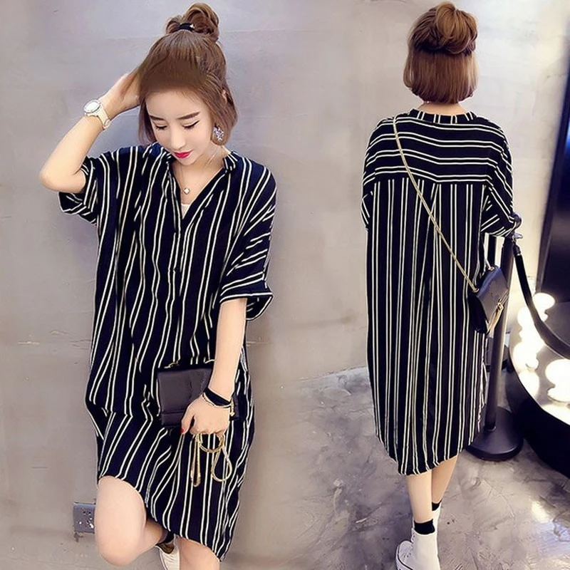 

Plus Size Fat MM Stripe Women Blouse Slim Spring V Neck Long Female Blouses