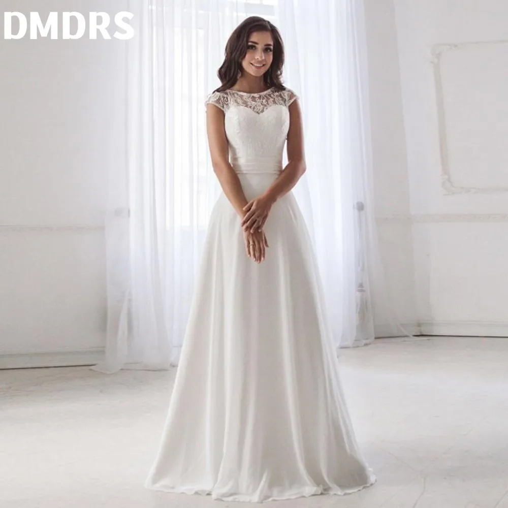 

Cheap Scoop Neck Lace Plus Siz Boho Wedding Dress Sleeveless Pleats Belt Chiffon Beach Dresses Robe De Soiree Simple Bridal