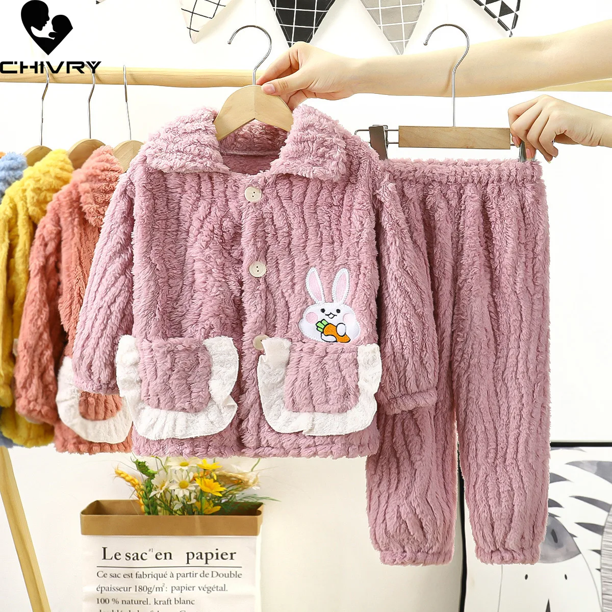 New Kids Autumn Winter Coral Fleece Warm Pajama Sets Cartoon Long Sleeve Lapel Tops with Pants Baby Boys Girls Pyjamas Sleepwear images - 6