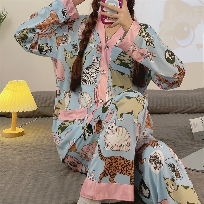 CAIYIER New Winter Nightwear Suit Cardigan Long Sleeve Trousers Ladies Pajamas Set Flower Sweet Sleepwear Simple Homewear 2XL