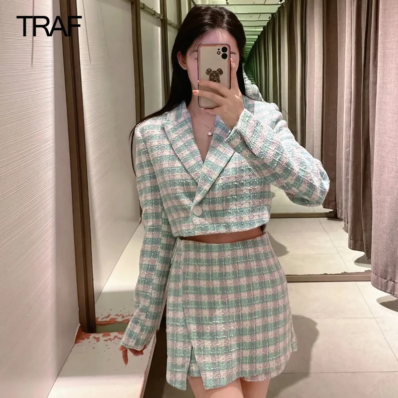 

TRAF Blue Purple Grid Tweed Female Jackets Cropped Long Sleeve Blazers For Women Elegant Stylish 2022 Women's Sweet Blazer Suit