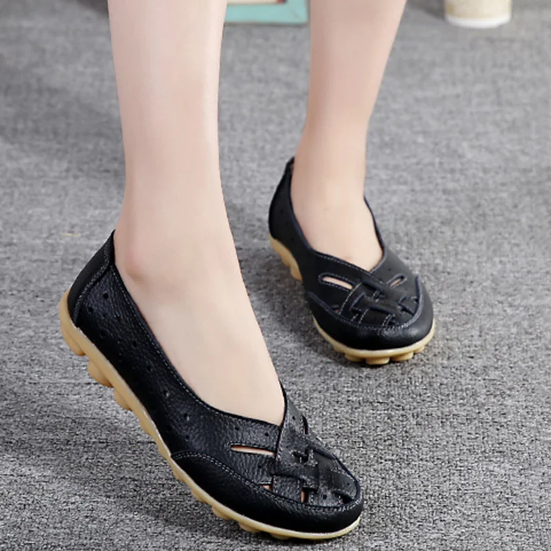 Spring Women's Flat Shoes Loafers Hollow Flat Shoes Women's Genuine Leather Shoes Women's Casual Moccasin Plus Size 35-44