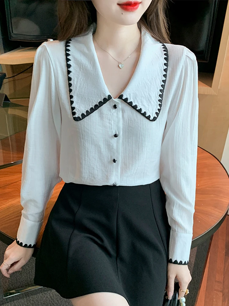 

Женская рубашка с кукольным воротником и вышивкой, офисный топ с длинными рукавами-фонариками, белая шифоновая женская рубашка, модные элег...