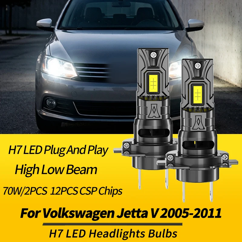 Фото 2 шт. светодиодных ламп H7 70W для фар с ближним и дальним светом, Canbus, для Volkswagen Jetta V 2005-2011, белый свет 6500K, автомобильные аксессуары №2