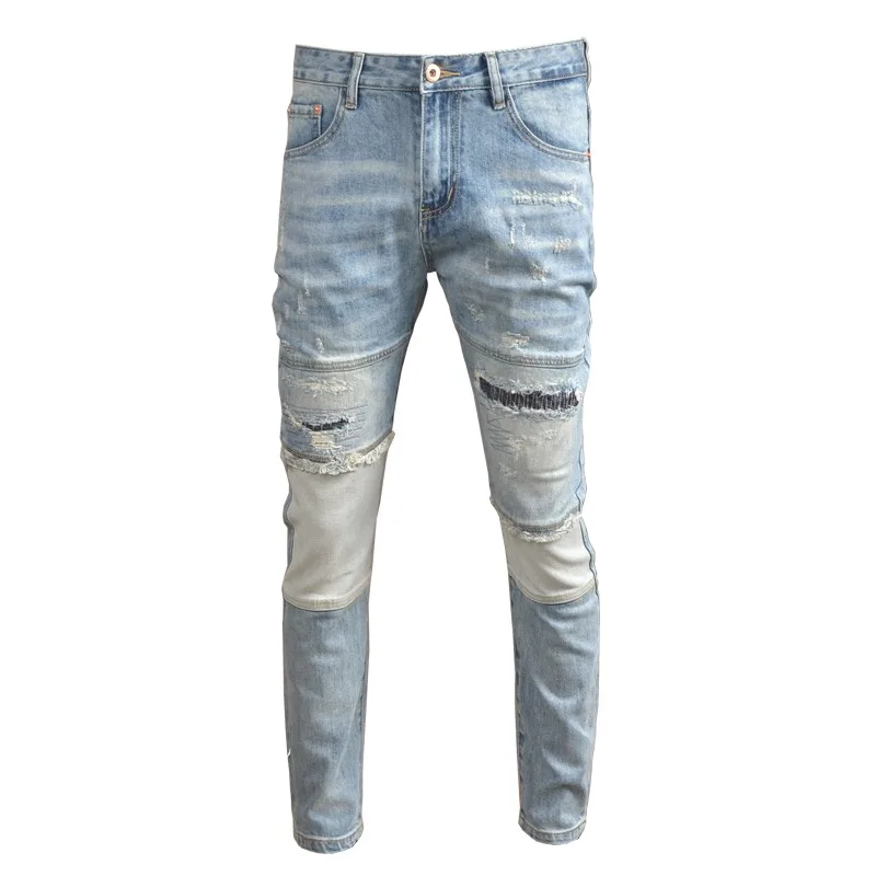 Summer Ripped Jeans Men Streetwear Casual Light Blue Patchwork Patches Pants Korean Style Fashion Slim Fit Denim Trousers