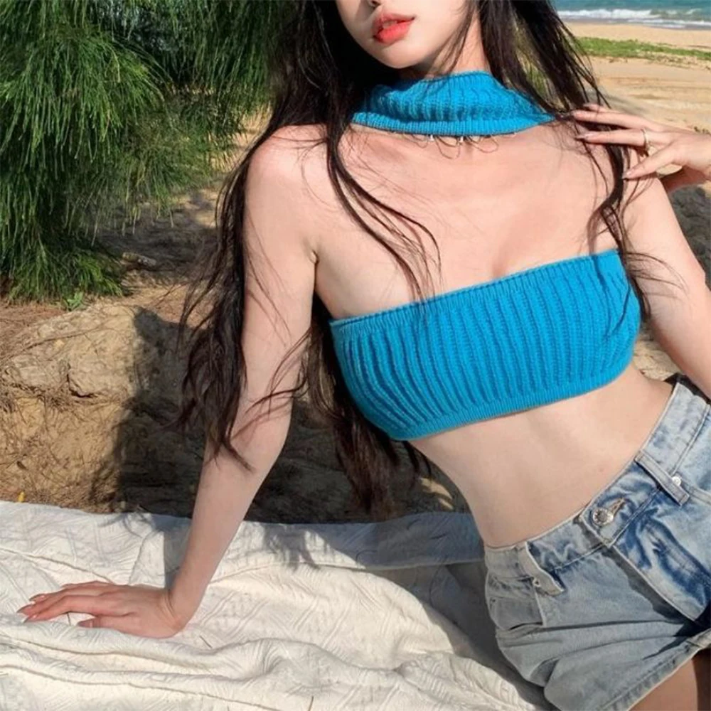 

Y2k Womens Summer Knitted Tube Tops Sexy Super Short Crop Top Fitness Elasticity Breathable Tank Vest Blouse Soft Beach Tee