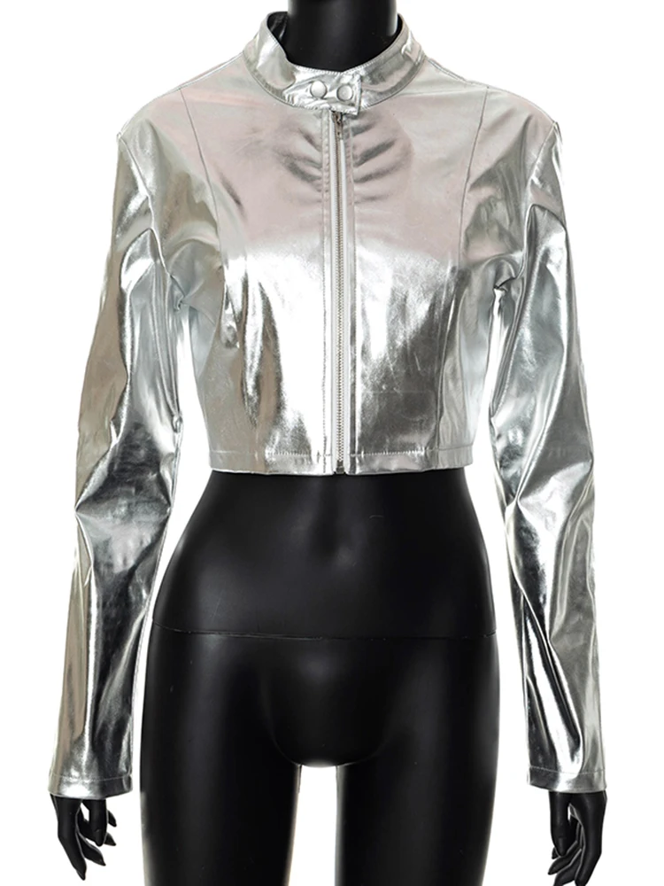 Silver Metallic Bomber PU Faux Leather Jackets for Women 2022 Autumn Streetwear Fashion Zip Up Cropped Coats Outwear images - 6