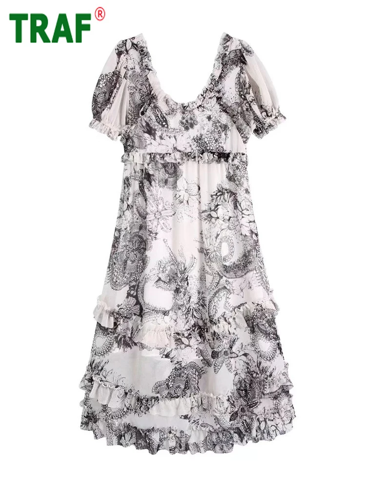 

TRAF Print Long Dress Woman Ruffle Midi Dresses for Women 2022 Short Puff Sleeve Evening Party Dress Women Fairy Female Dress