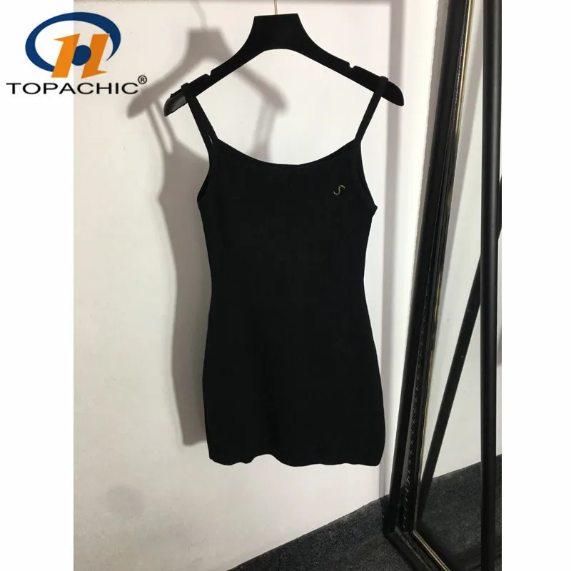 

10.26 High Quality Knitted Black Letter Pin Decoration Sexy Spaghetti Strap Package Hip Dress Women