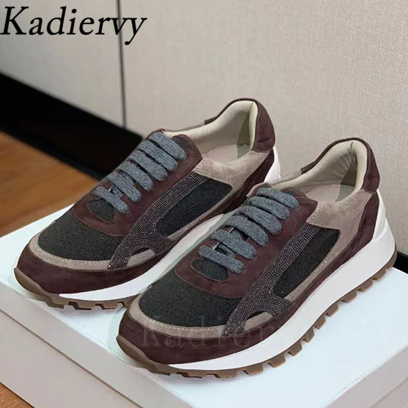 Кроссовки женские повседневные с круглым носком на шнуровке бусинами лоскутные