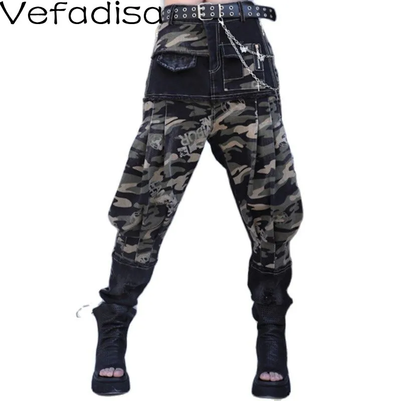 

Vefadisa Street Style Fashion Camouflage Stitching Cargo Jeans 2022 Spring New Handsome Denim Harem Pants Women TT1158