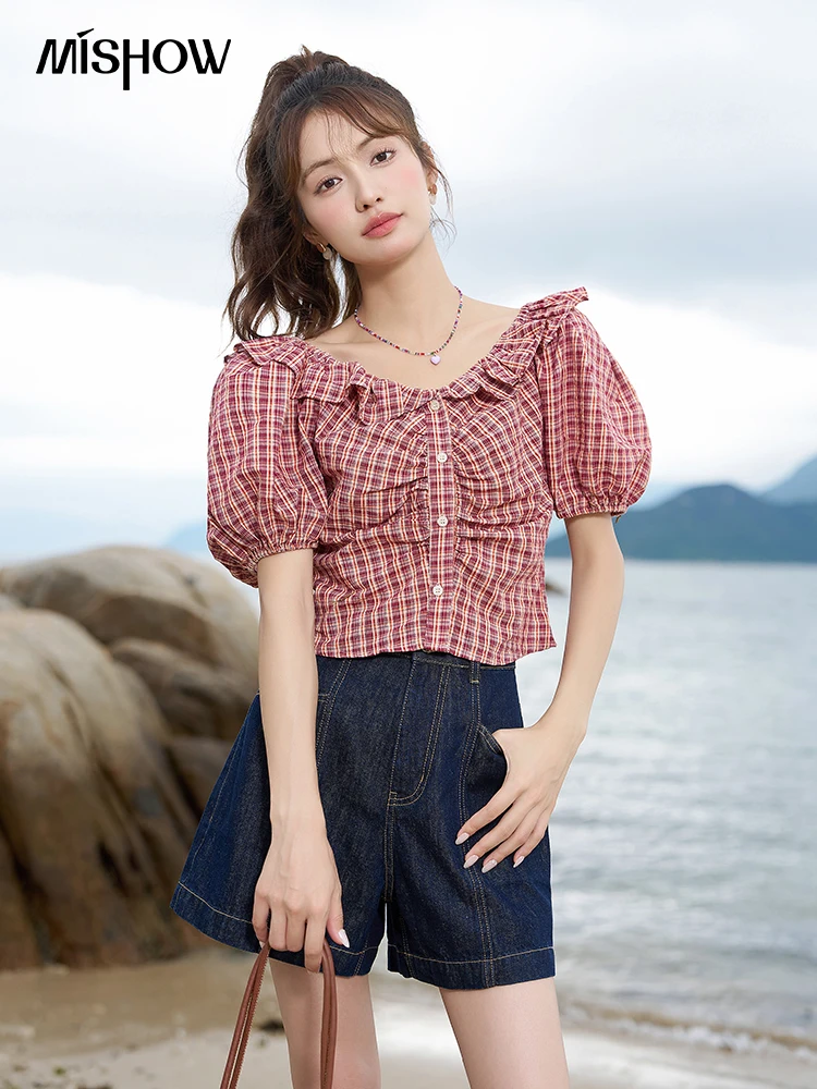 MISHOW 100Denim Cotton Shorts for Women 2023 Summer High Waist A-line Pocket Wide Leg Loose Female Casual Short Pants MXC38K0431