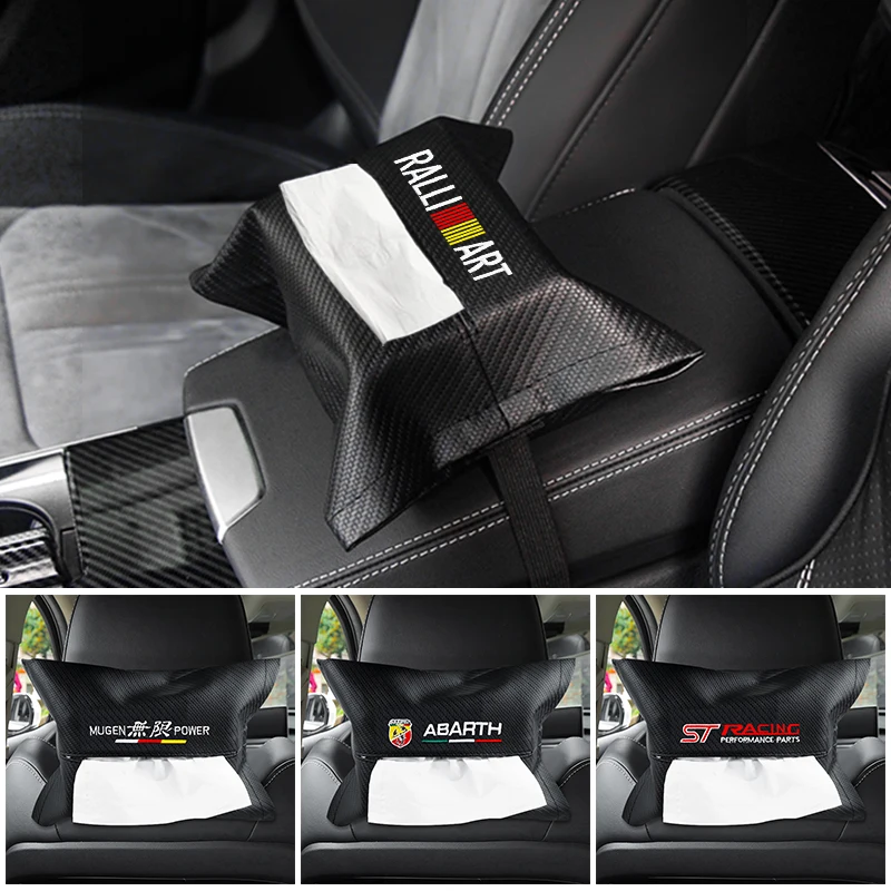 

Car Logo Tissue Box Seat Back Armrest Box Sun Visor Hanging Holder Carbon Fiber Napkin Case For STI Mitsubishi TRD ST Honda Gti