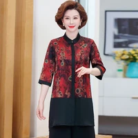 mother summer patchwork blouses women half sleeve shirts printing tops chiffon shirt 2022 middle aged loose
