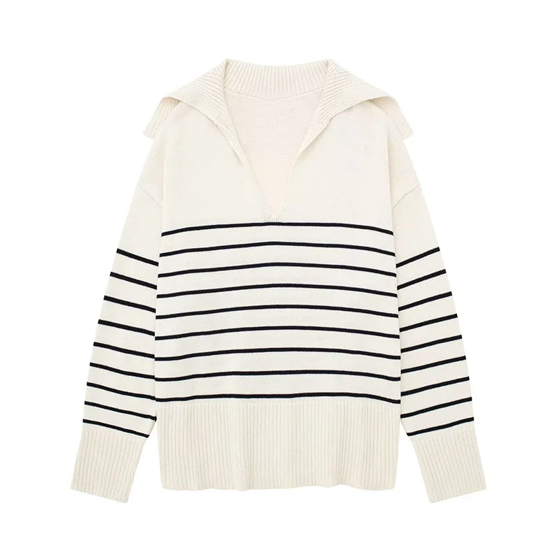 

Женский полосатый свитер с V-образным вырезом и длинным рукавом