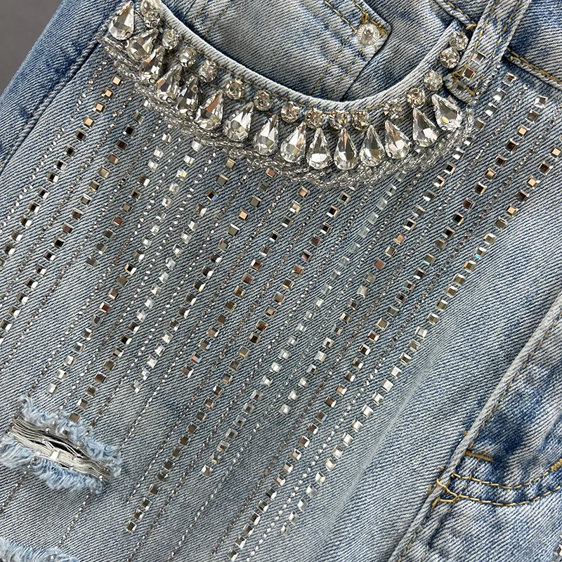 High Waist Ripped Wide-Leg Jeans Female 2023 Spring and Summer New Thin Loose Diamond-Embedded Trousers Baggy Jeans Women