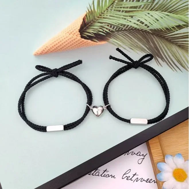 Ribi Titanium Steel Magnetic Heart Couples Bracelet One Set Men Women's Simple Wrist Rope Jewelry Wholesale