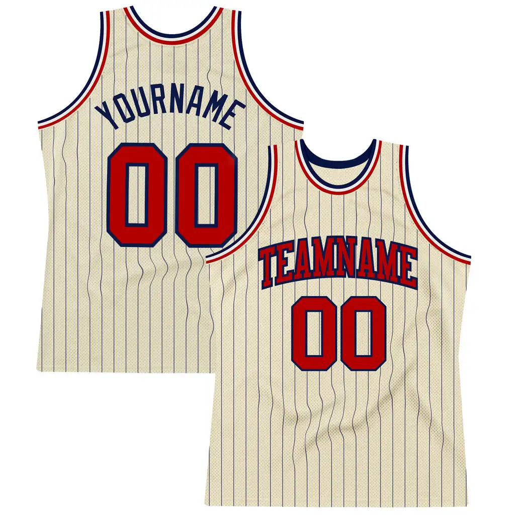 

Custom Cream Navy Pinstripe Red Authentic Sublimation Basketball Jersey Design Maker