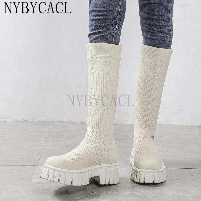 Sexy Women Knee-high Platform Boots Autumn Winter Slip-on Stretch Long Modern Boots Female All-match High-top Elastic Shoes New