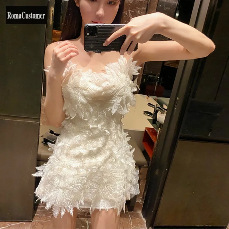 

White Lace Feather Sleeveless Strap Dress Womens Summer New Elegant Tassel Sexy Backless Top Fashion Female A-Line Dress