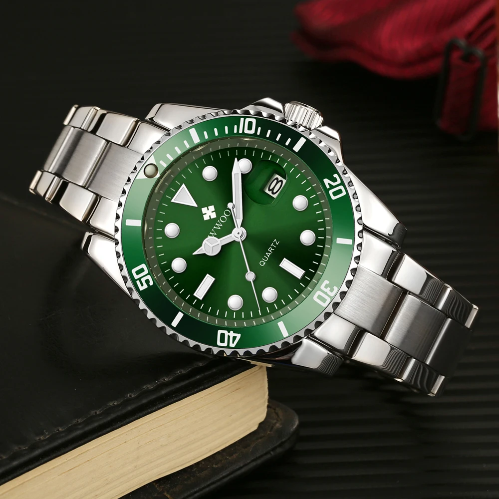 Фото Мужские часы WWOOR New Luxury Fashion Diver, водонепроницаемые 3ATM, с указателем даты, спортивные, кварцевые, наручные часы, Relogio Masculino №4