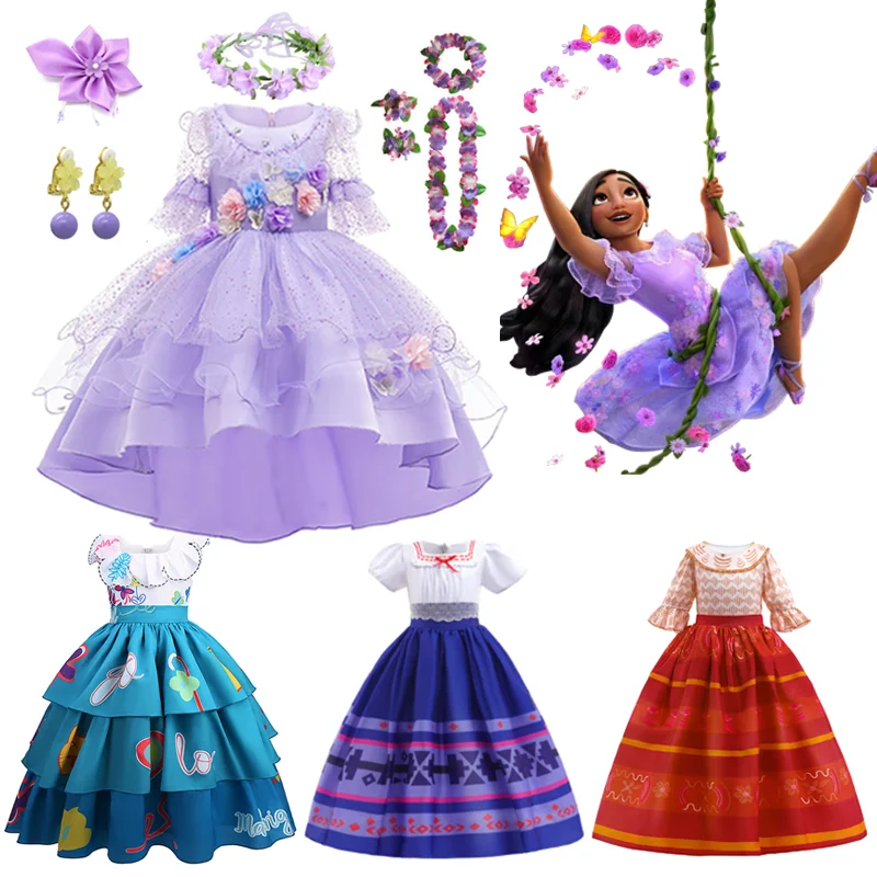 Disney New Encanto Costume for Girls Princess Dress Suit Cosplay Charm Isabela Mirabel Dolores Carnival Birthday Party Clothes
