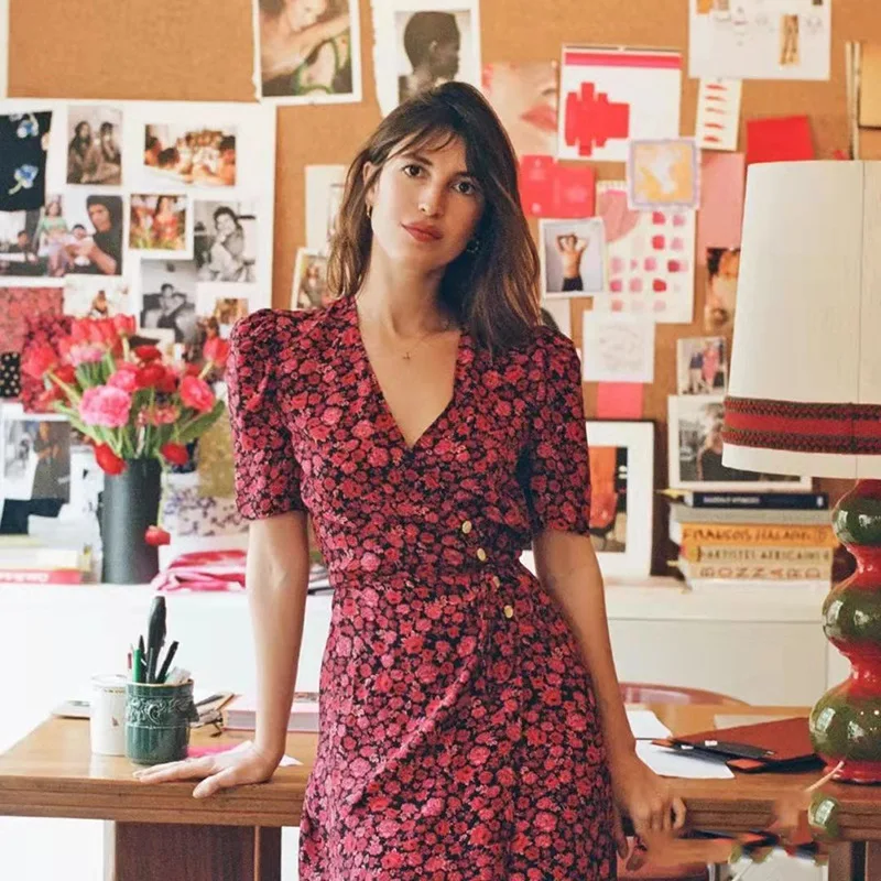 

2023 Spring and Summer Special Price V-neck Wrap Mid-length Floral Red Rose Print Women Dress