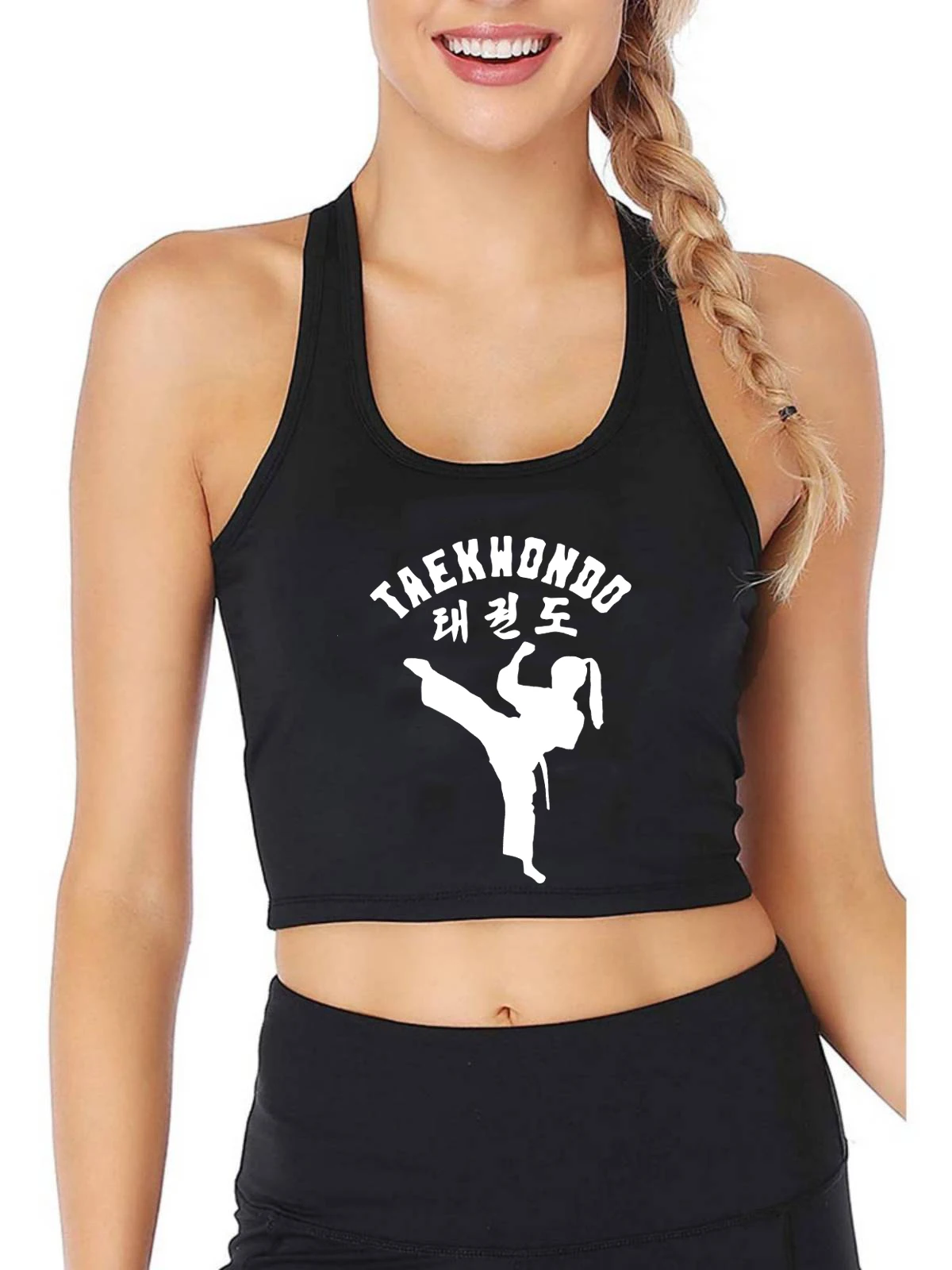 

Сексуальный облегающий кроп-топ для тхэквондо с графическим дизайном, Женский Повседневный Спортивный тренировочный топ, майка для фитнеса и тренировок