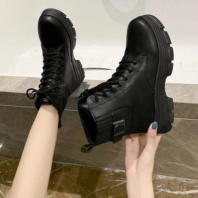 

New Women White Ankle Boot PU Leather Thick Sole Lace Up Combat Booties Female Autumn Winter Platform Shoes Rubber Cowboy Boots