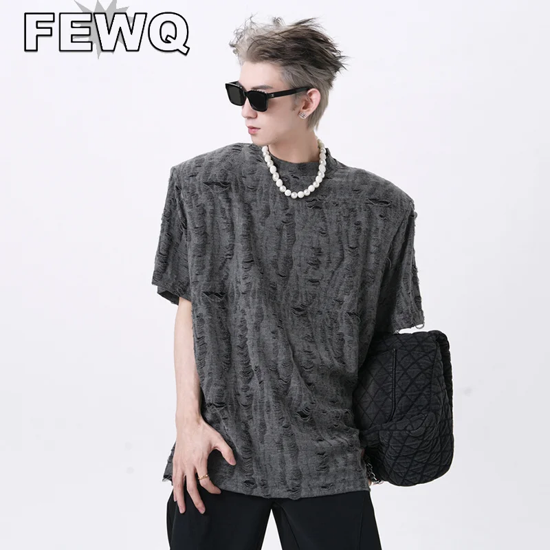 

FEWQ Men's Ripped Short Sleeve T-shirts Solid Color Y2k Streetwear Shoulder Pad Vintage Male Casual Tops Summer Stylish 24B2671