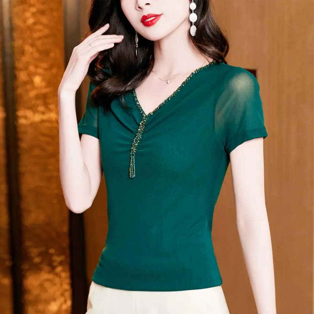 

Summer V-neck Short Sleeve Women T-shirt 2023 Beads Decor Slim Fit Solid Color Women Pullover Tee Tops Streetwear