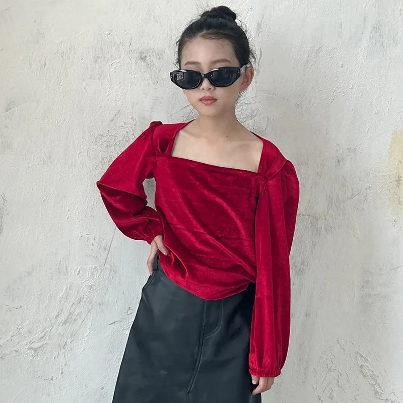 Красная футболка для маленьких девочек винтажная с пышными рукавами весна-осень